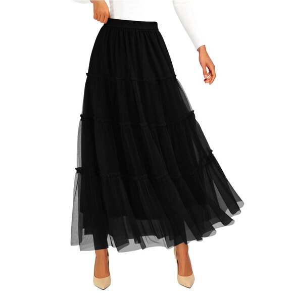 Tulle Skirt Elastic High Waist Tiered Flowy Fairy A-Line Maxi Long Skirt